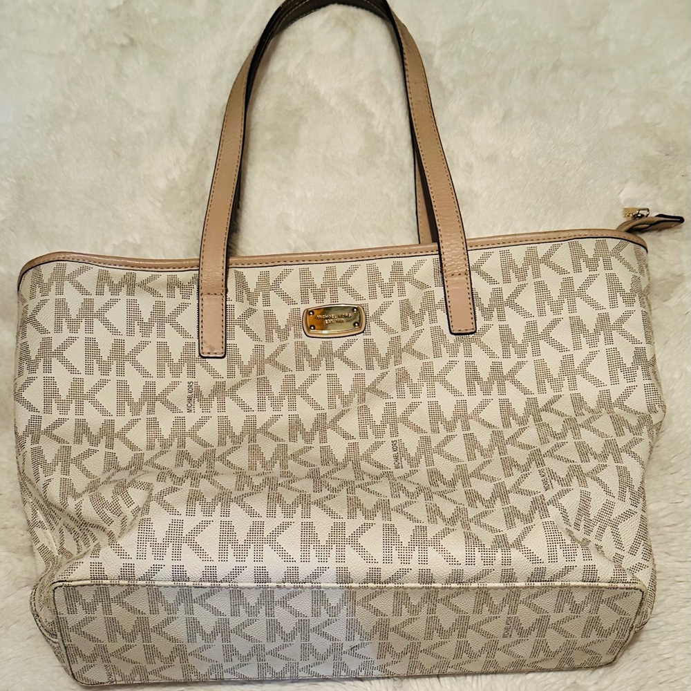 Michael Kors Cream and Brown Tote Bag with Signature MK Design
